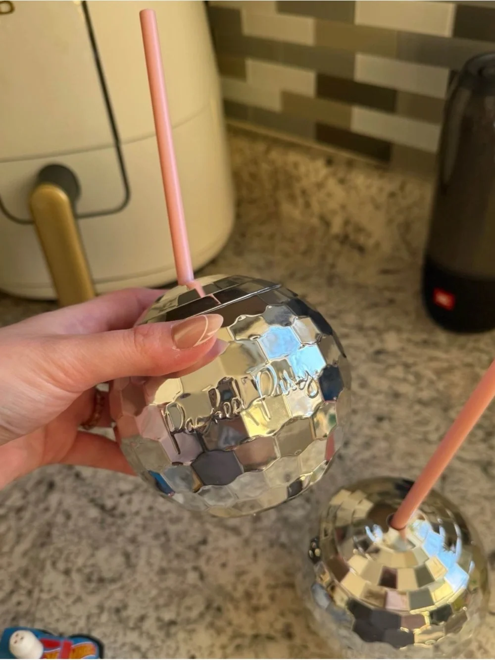 Silver Disco Ball Drink Tumblers with Pink straws